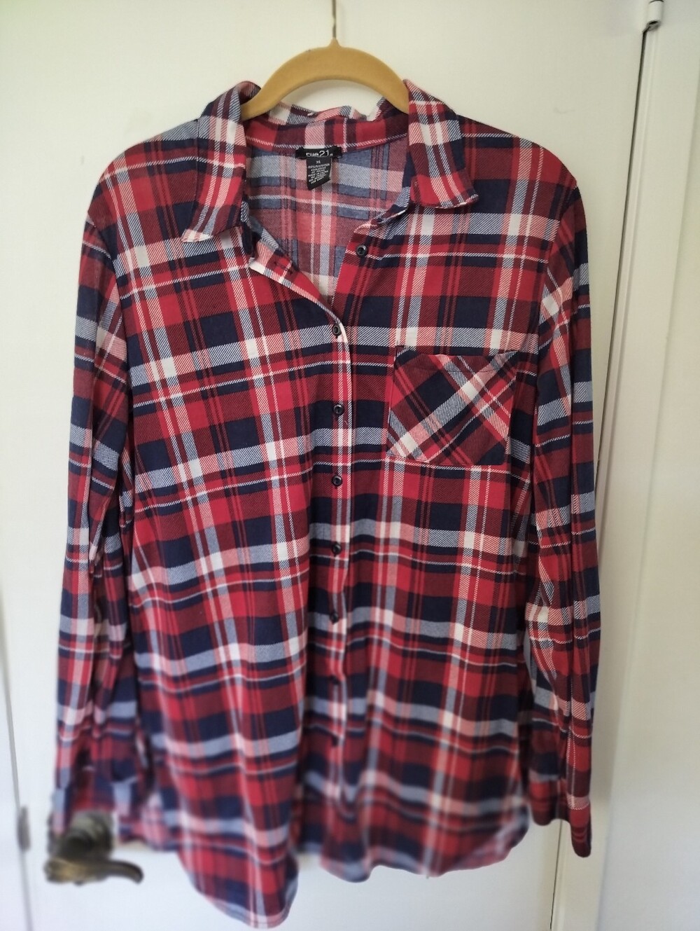 rue21 Red & Navy Plaid Button Down Shirt XL Roll Tab Sleeve Long Sleeve